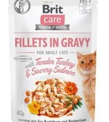 BRIT CARE Cat Pouches Fillets In Gravy With Tender Turkey & Savory Salmon 85g X12 -Promos Patou Noir Magasin fre pl BRIT CARE Cat Pouches Fillets in Gravy with Tender Turkey Savory Salmon 85g 12923 1